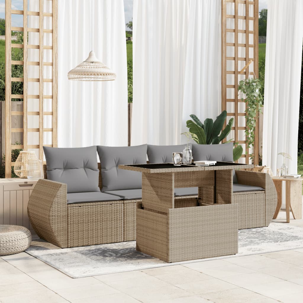 5 Pcs conjunto de sofás p/ jardim com almofadões vime PE bege