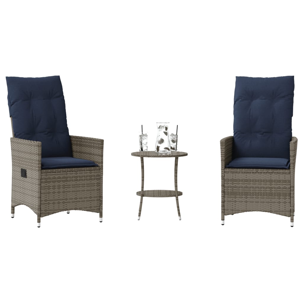 Conjunto bistro de 3 peças com almofadas em rattan sintético cinza