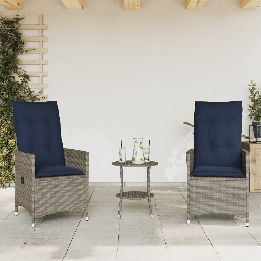 Conjunto bistro de 3 peças com almofadas em rattan sintético cinza