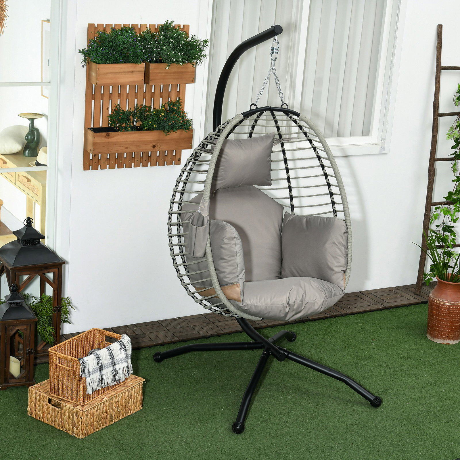 Cadeira supensa com suporte com cesta dobrável almofada e apoio para a cabeça 110x100x188 cm cinza e preto