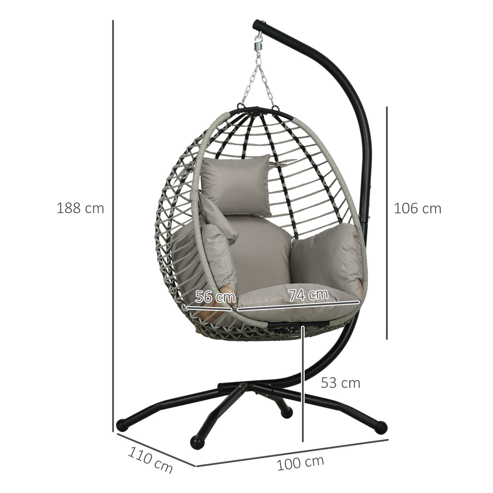 Cadeira supensa com suporte com cesta dobrável almofada e apoio para a cabeça 110x100x188 cm cinza e preto