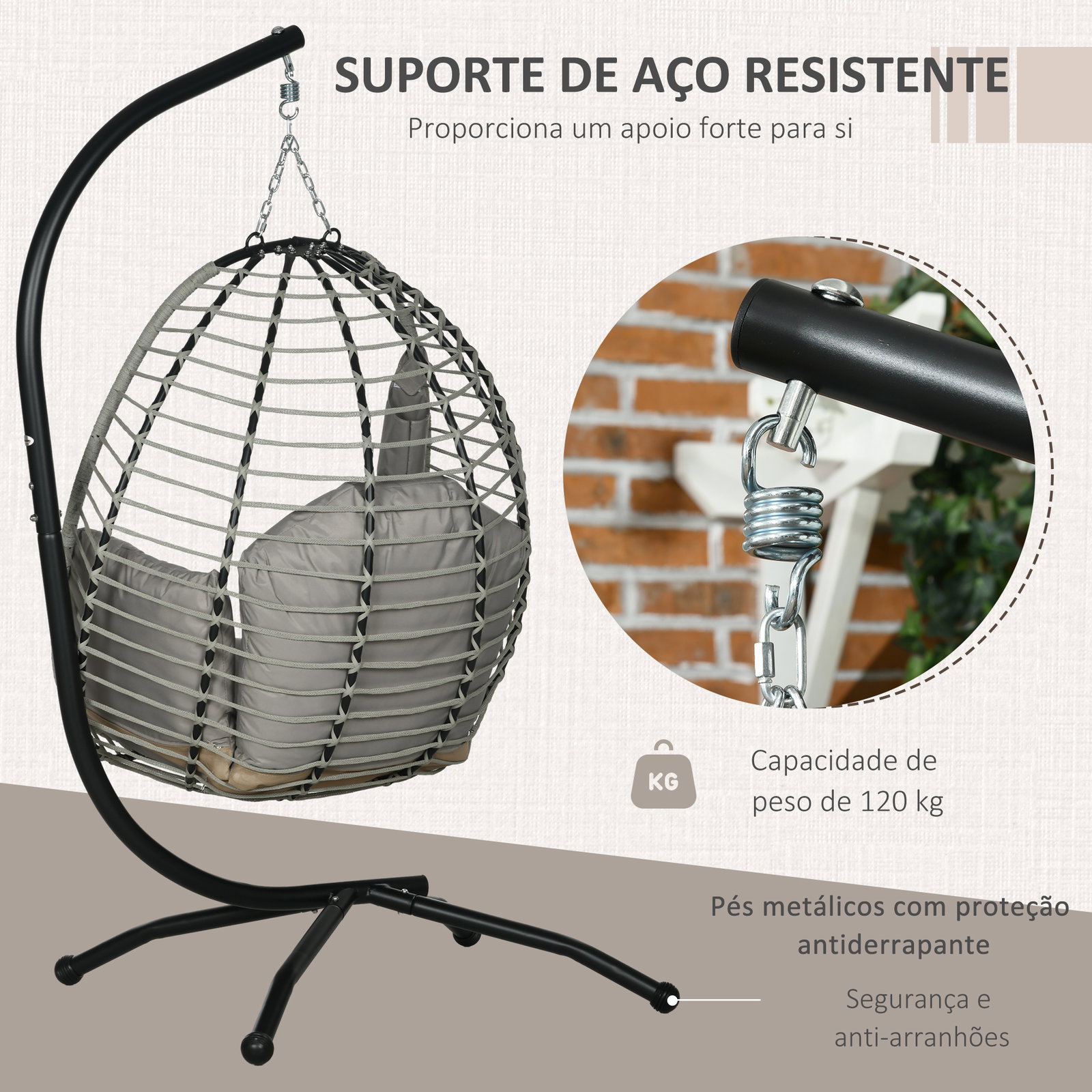 Cadeira supensa com suporte com cesta dobrável almofada e apoio para a cabeça 110x100x188 cm cinza e preto