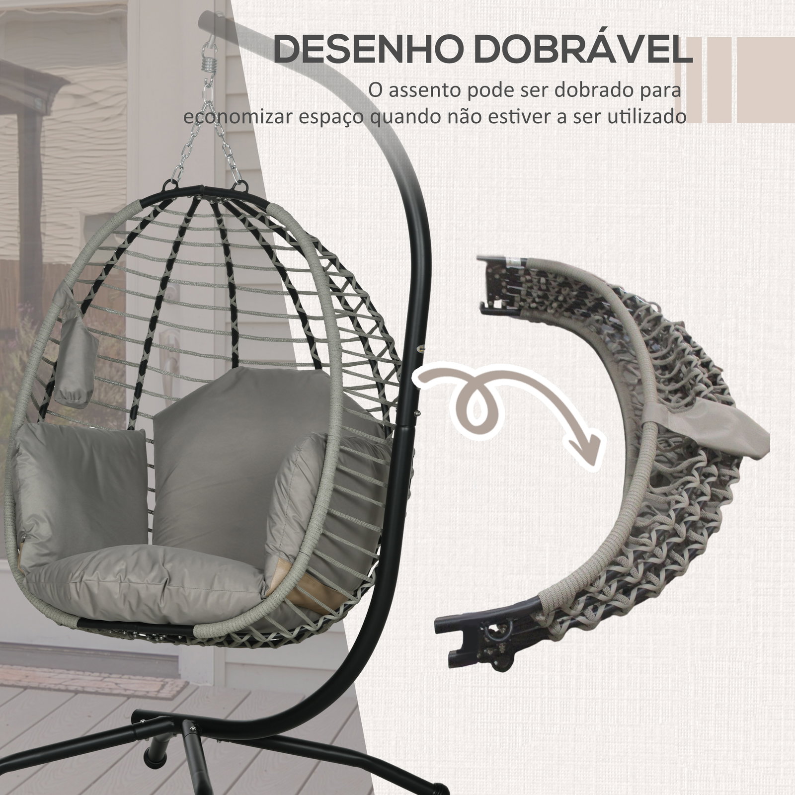 Cadeira supensa com suporte com cesta dobrável almofada e apoio para a cabeça 110x100x188 cm cinza e preto