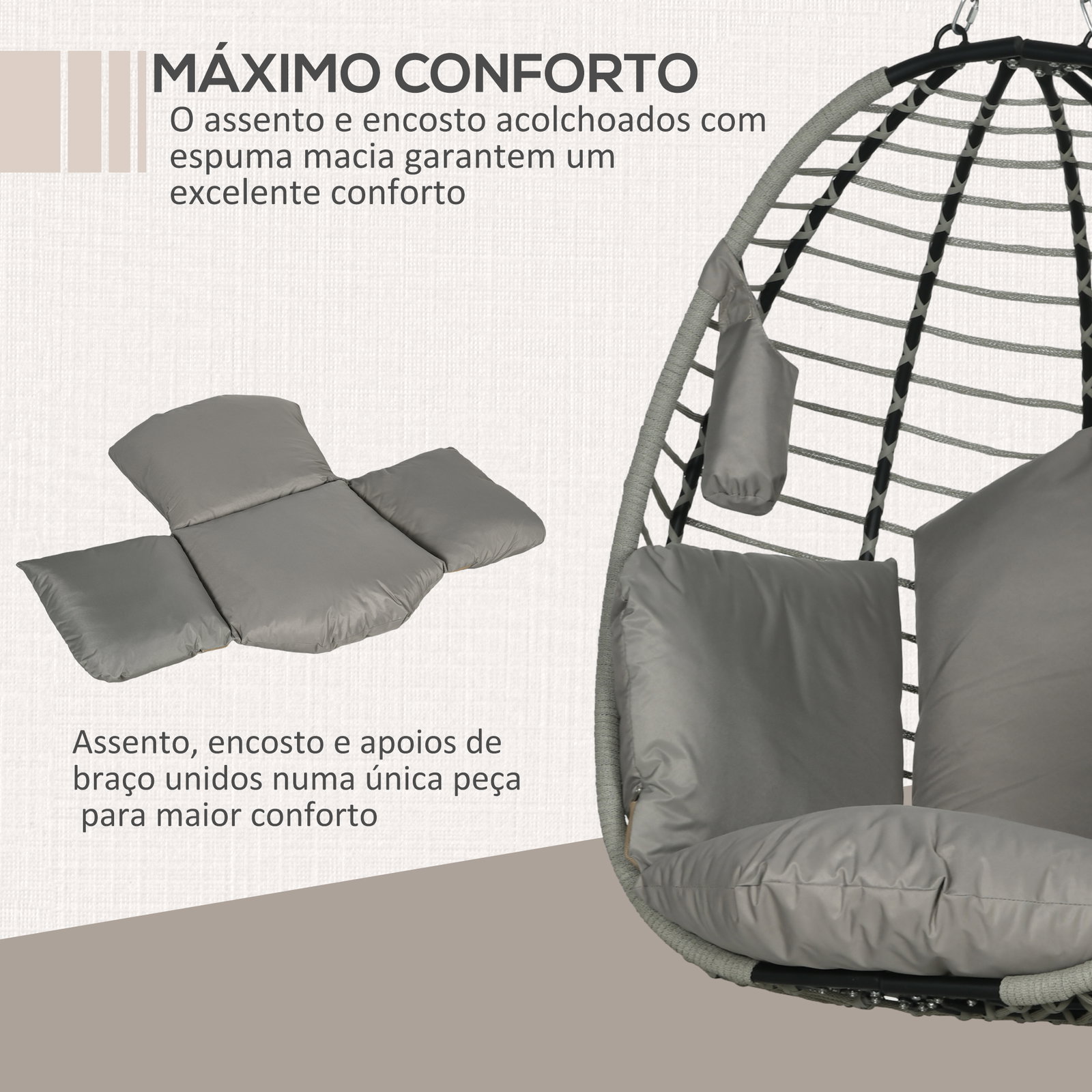 Cadeira supensa com suporte com cesta dobrável almofada e apoio para a cabeça 110x100x188 cm cinza e preto