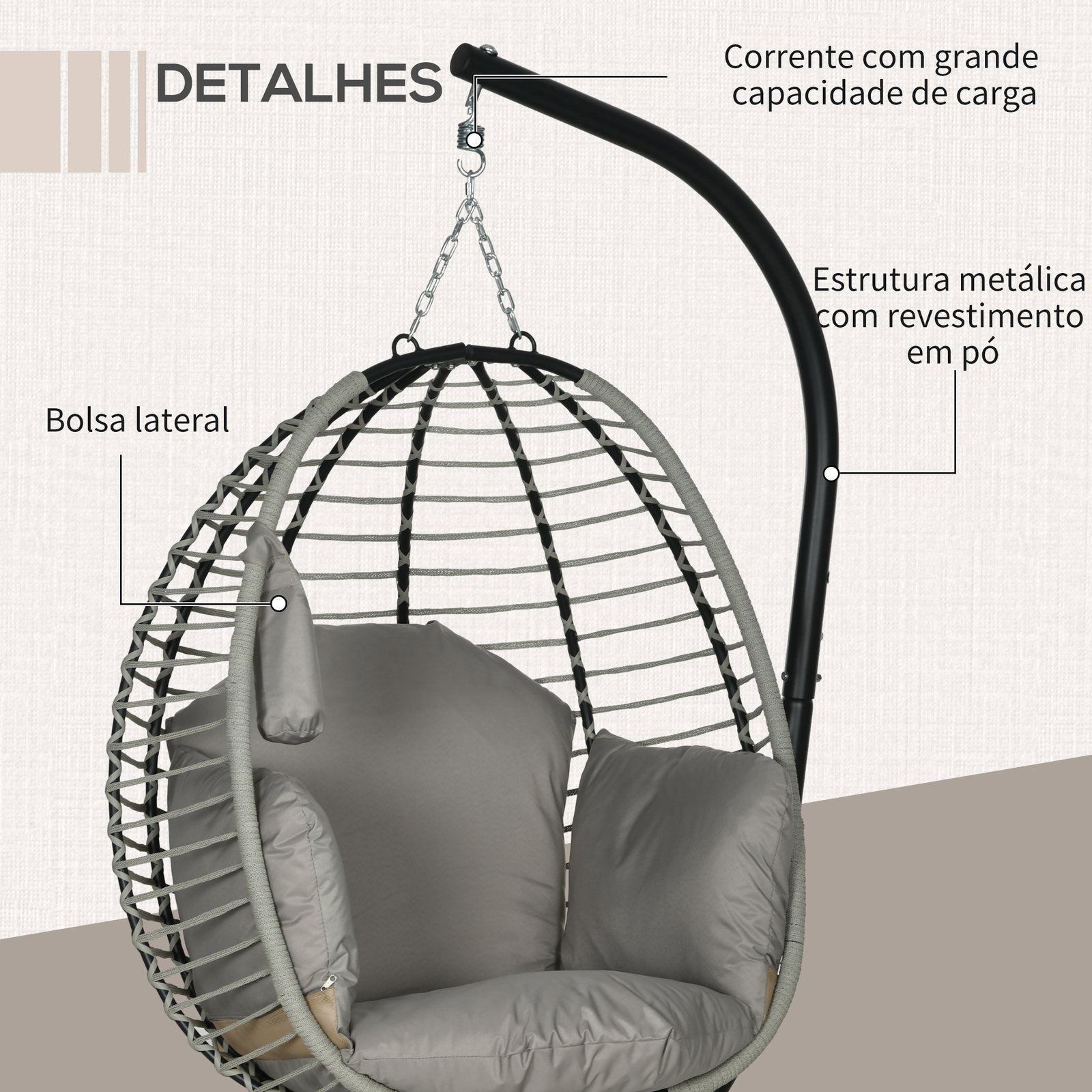 Cadeira supensa com suporte com cesta dobrável almofada e apoio para a cabeça 110x100x188 cm cinza e preto