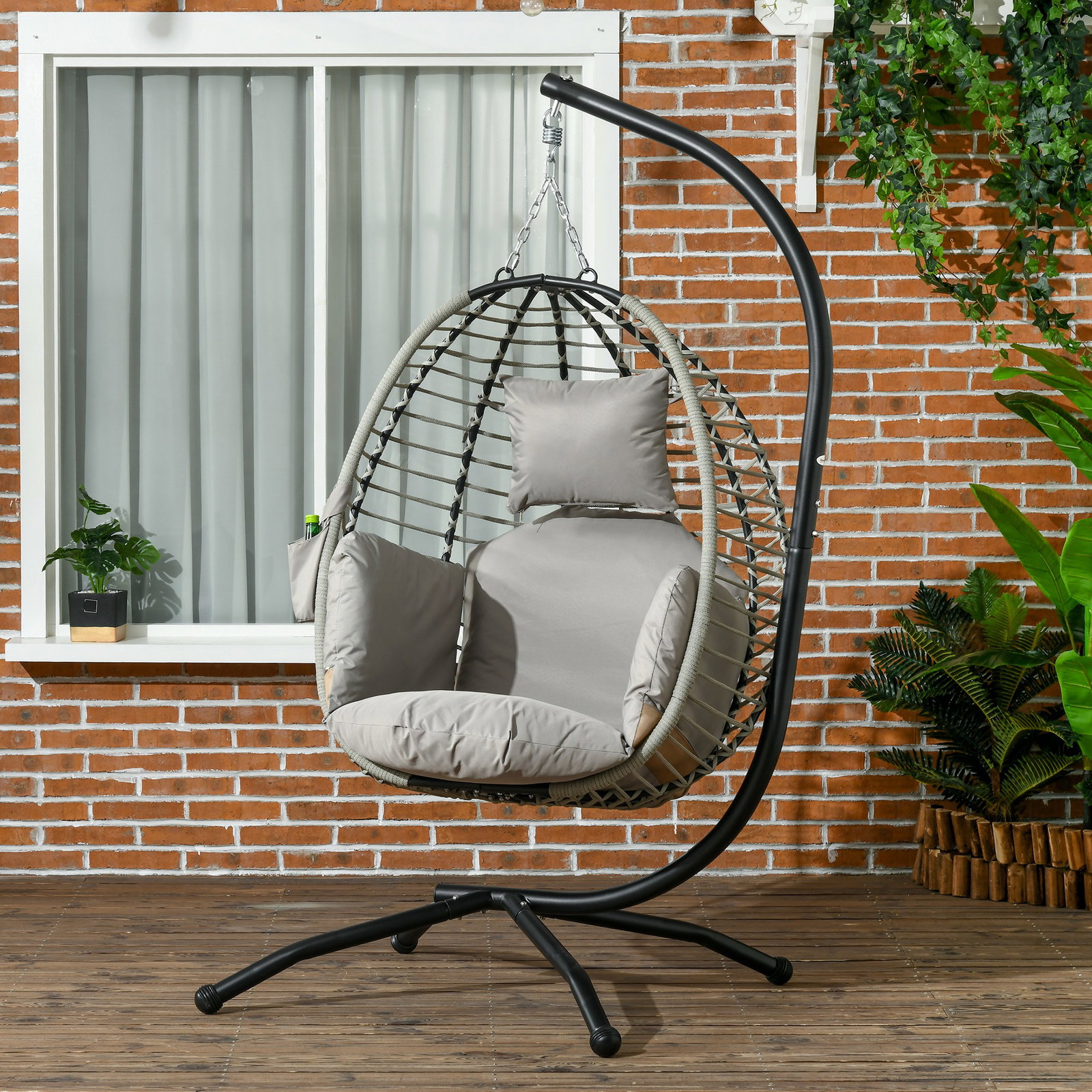 Cadeira supensa com suporte com cesta dobrável almofada e apoio para a cabeça 110x100x188 cm cinza e preto