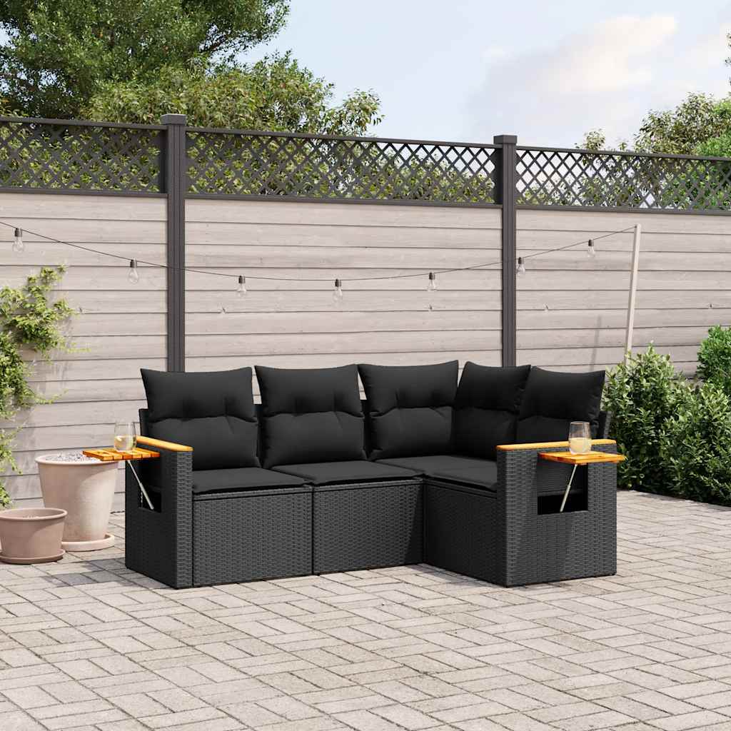 4 Pcs conjunto de sofás para jardim c/ almofadões vime PE preto