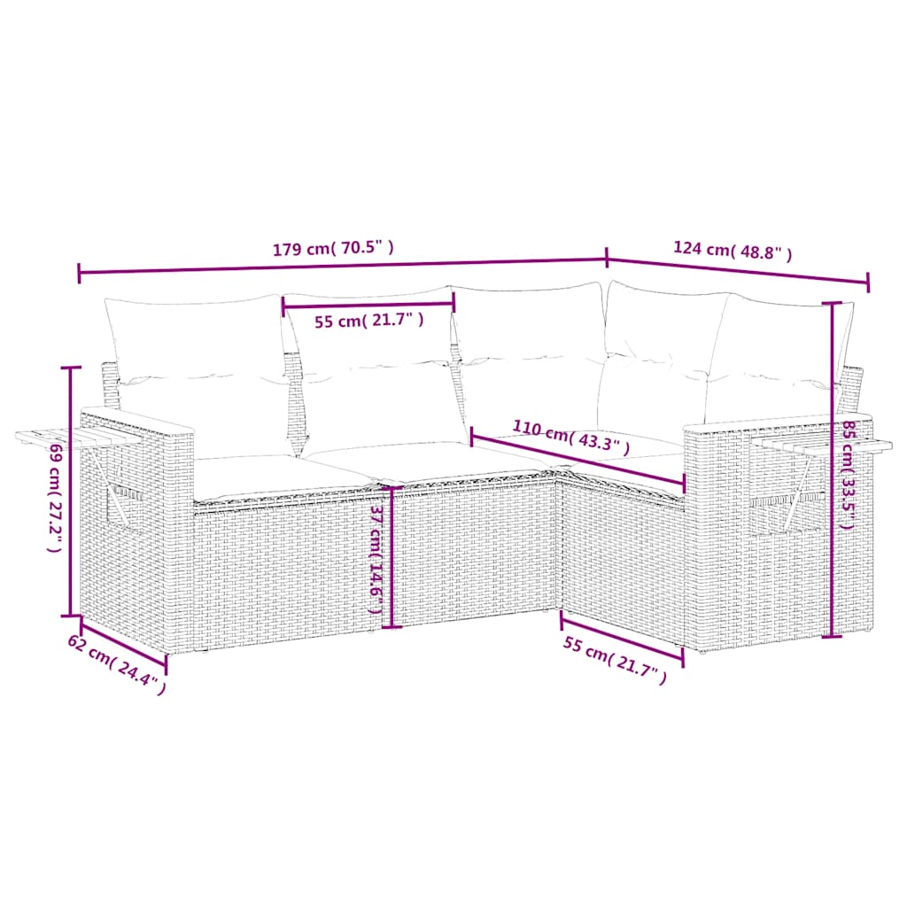 4 Pcs conjunto de sofás para jardim c/ almofadões vime PE preto