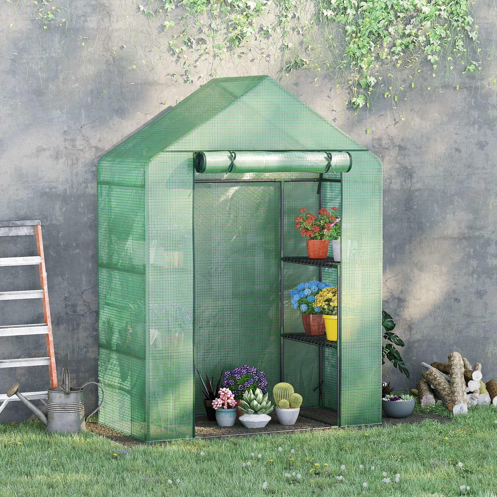 Estufa de Jardim 140x70x190cm Estufa com 4 Prateleiras Porta Enrolável Cobertura de PE 140g/m² e Estrutura de Aço para Cultivos