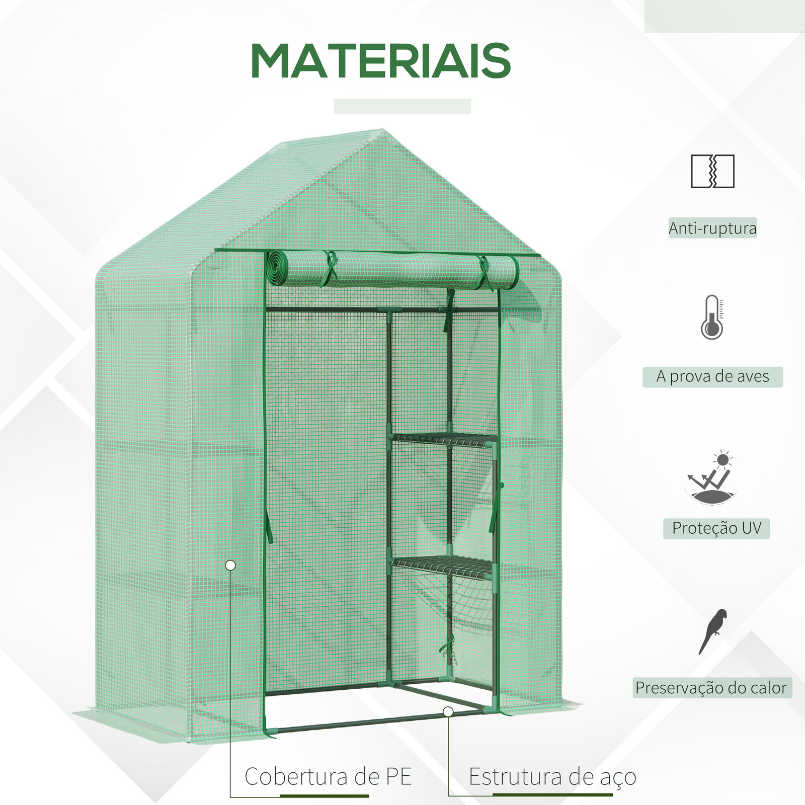 Estufa de Jardim 140x70x190cm Estufa com 4 Prateleiras Porta Enrolável Cobertura de PE 140g/m² e Estrutura de Aço para Cultivos