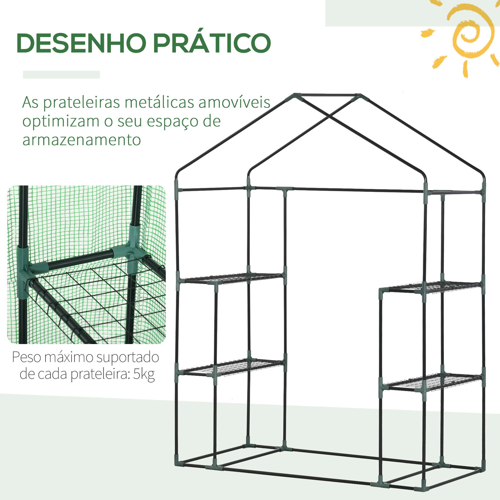 Estufa de Jardim 140x70x190cm Estufa com 4 Prateleiras Porta Enrolável Cobertura de PE 140g/m² e Estrutura de Aço para Cultivos