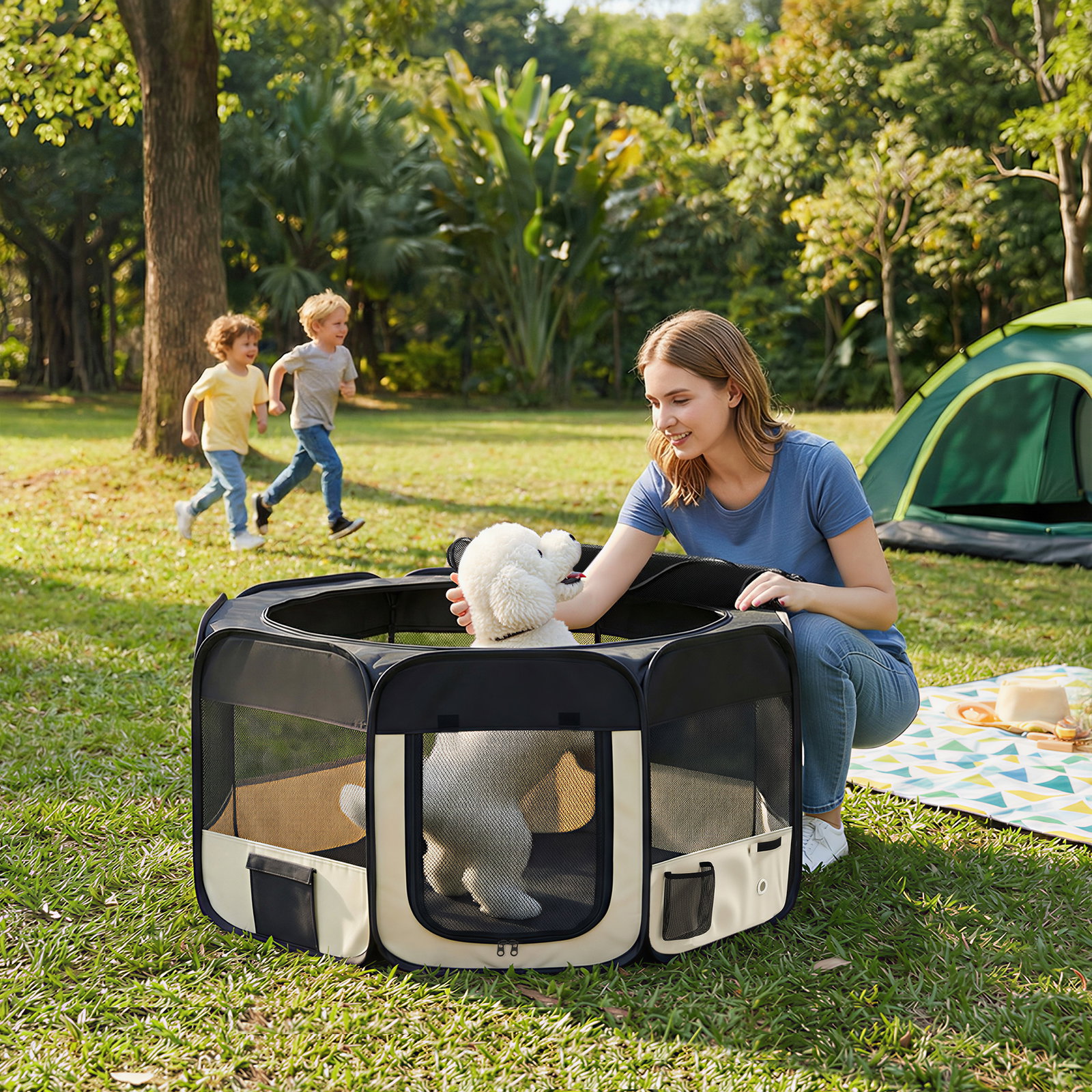 Parque dobrável para cães e gatos cercado portátil para animais pequenos em tecido oxford impermeável com 2 portas ø90x41 cm preto
