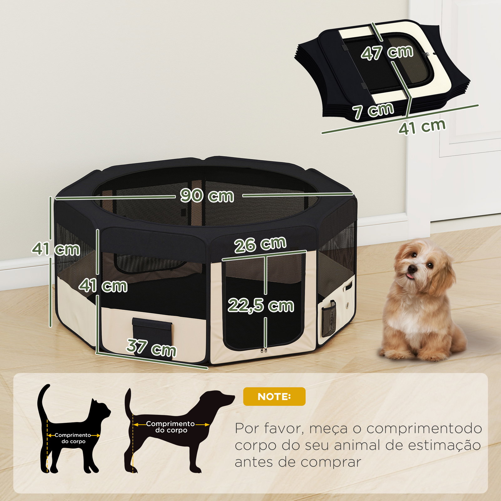 Parque dobrável para cães e gatos cercado portátil para animais pequenos em tecido oxford impermeável com 2 portas ø90x41 cm preto