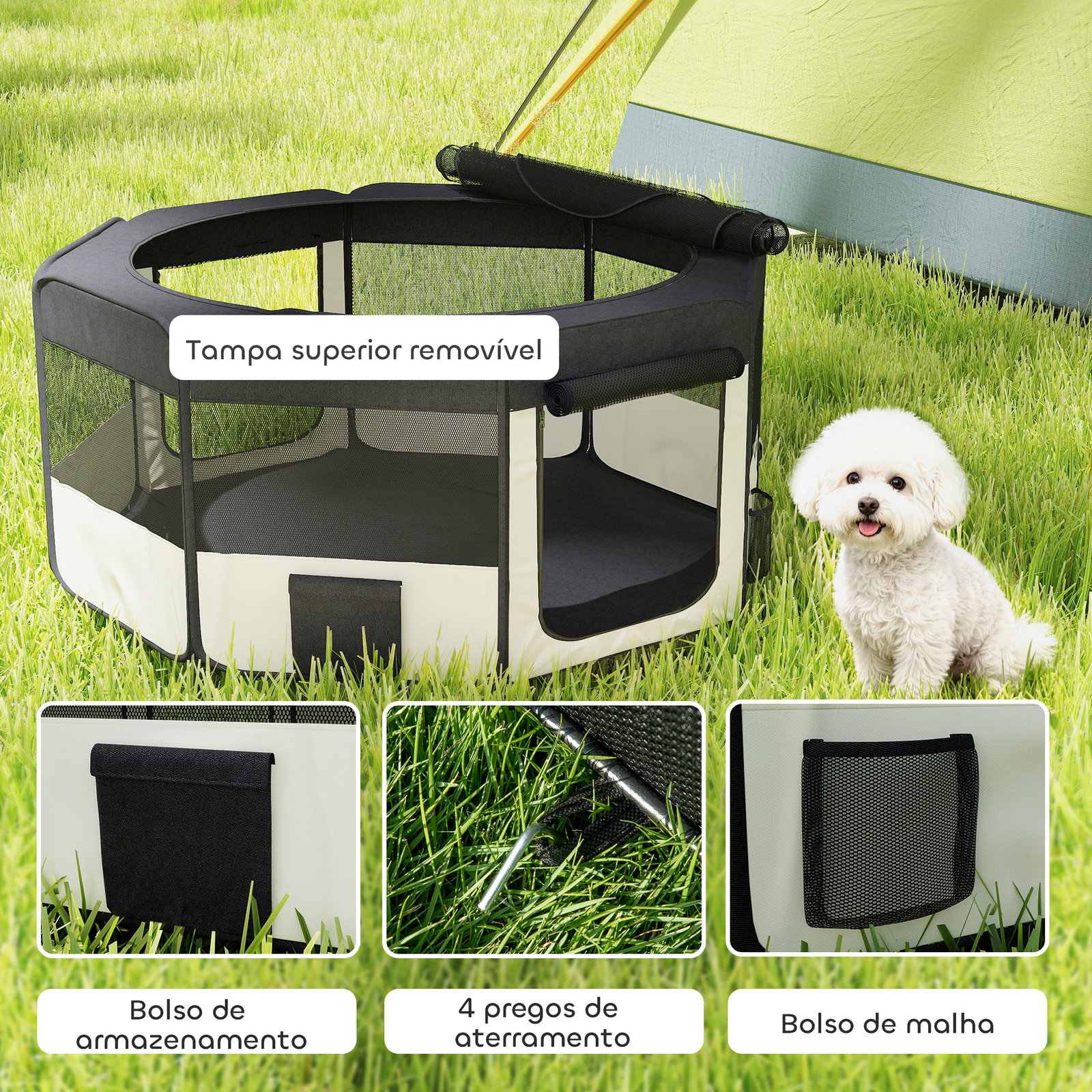 Parque dobrável para cães e gatos cercado portátil para animais pequenos em tecido oxford impermeável com 2 portas ø90x41 cm preto