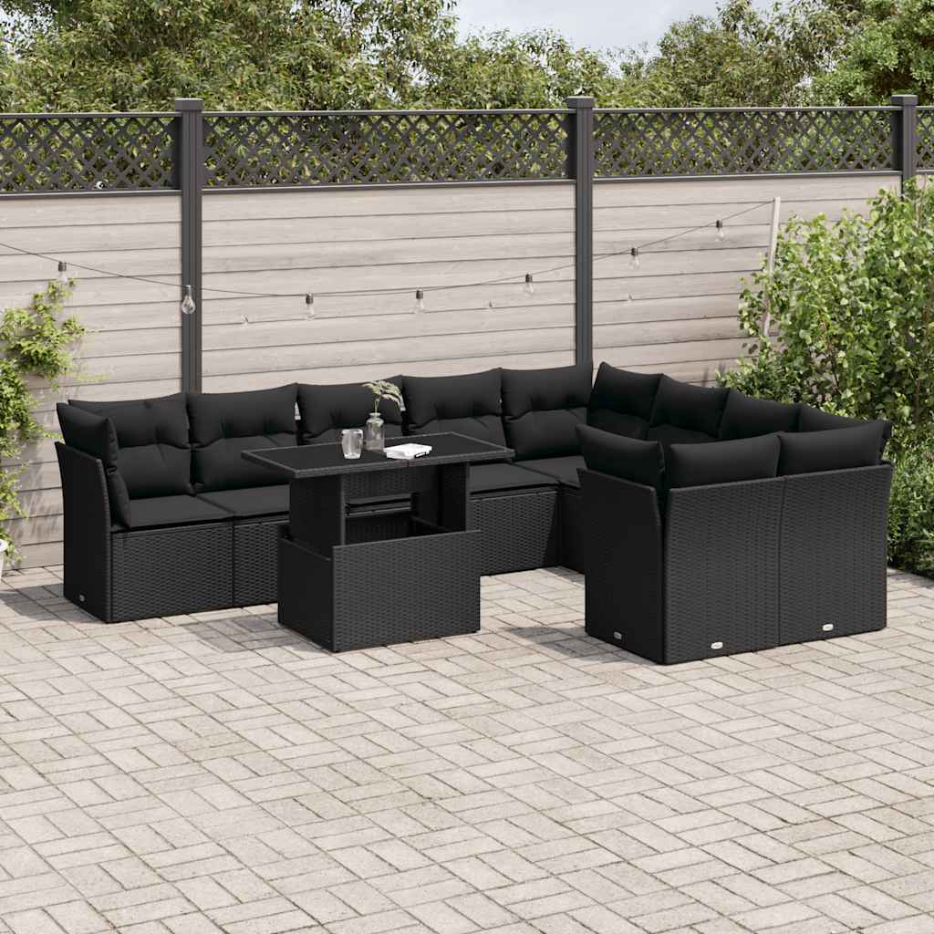 10 Pcs conjunto sofás de jardim c/ almofadões vime PE preto