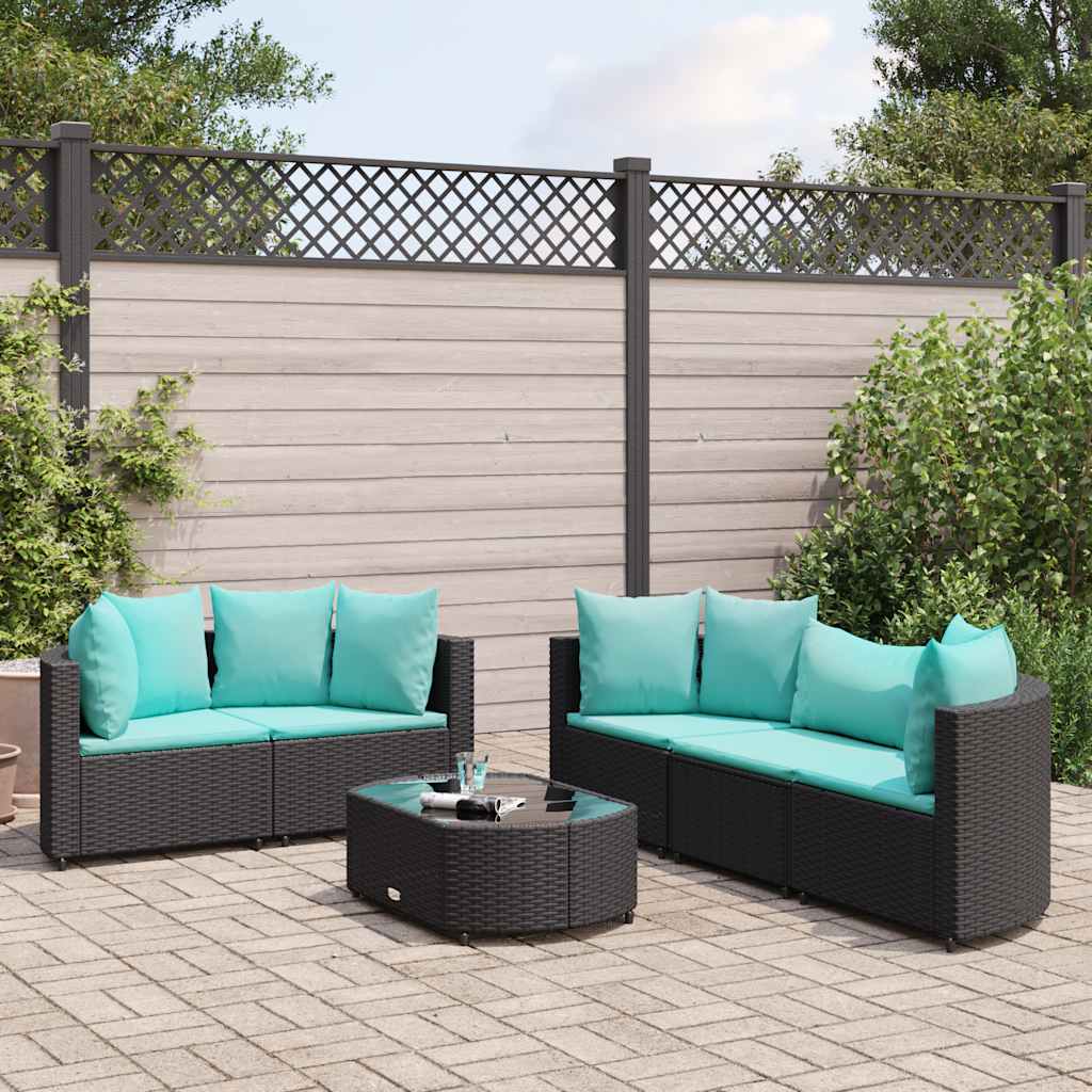 6 Pcs conjunto sofás de jardim c/ almofadões vime PE preto