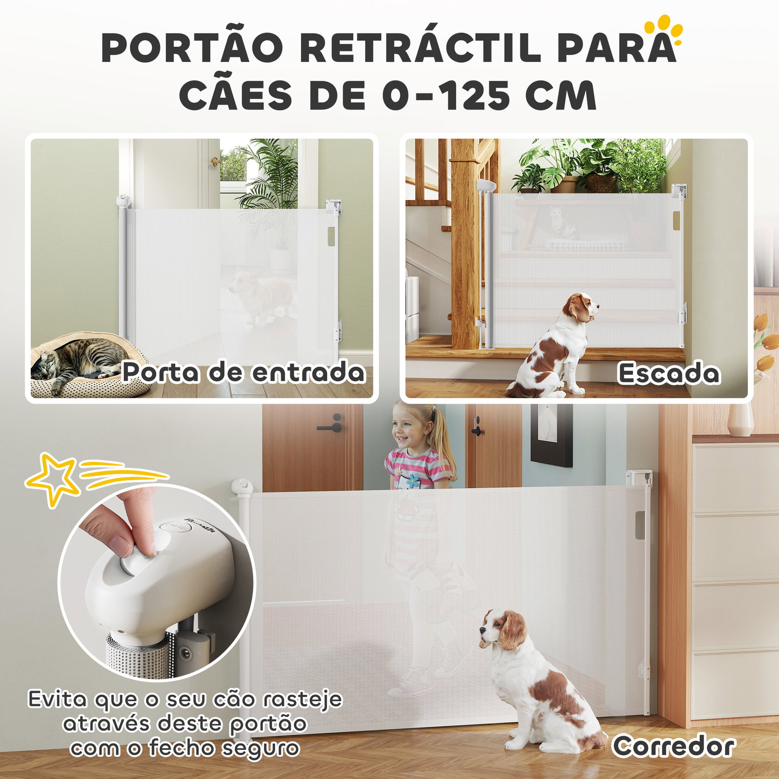 Barreira para cães retrátil 0-144 cm para cães pequenos barreira de segurança para animais de estimação com fecho branco
