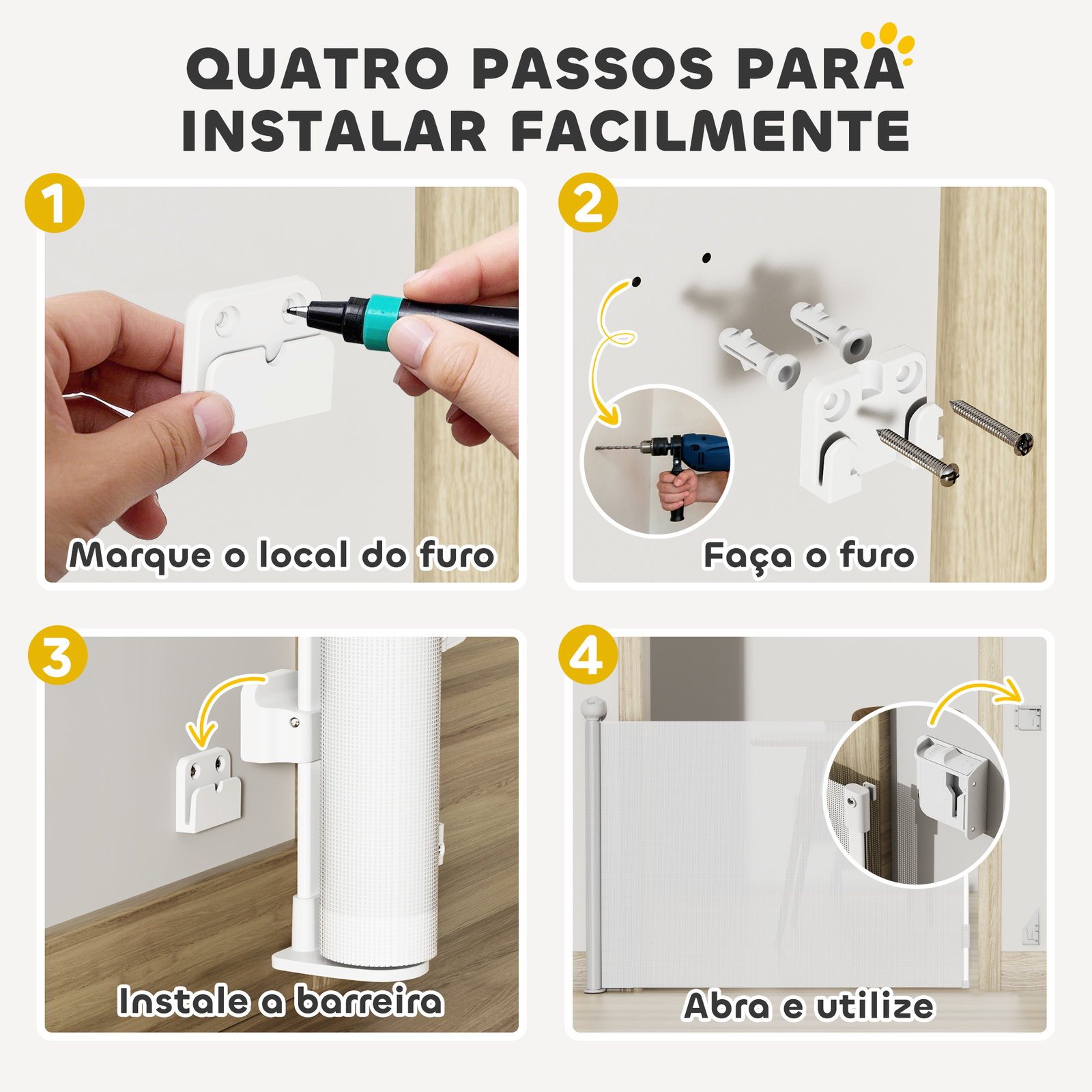 Barreira para cães retrátil 0-144 cm para cães pequenos barreira de segurança para animais de estimação com fecho branco