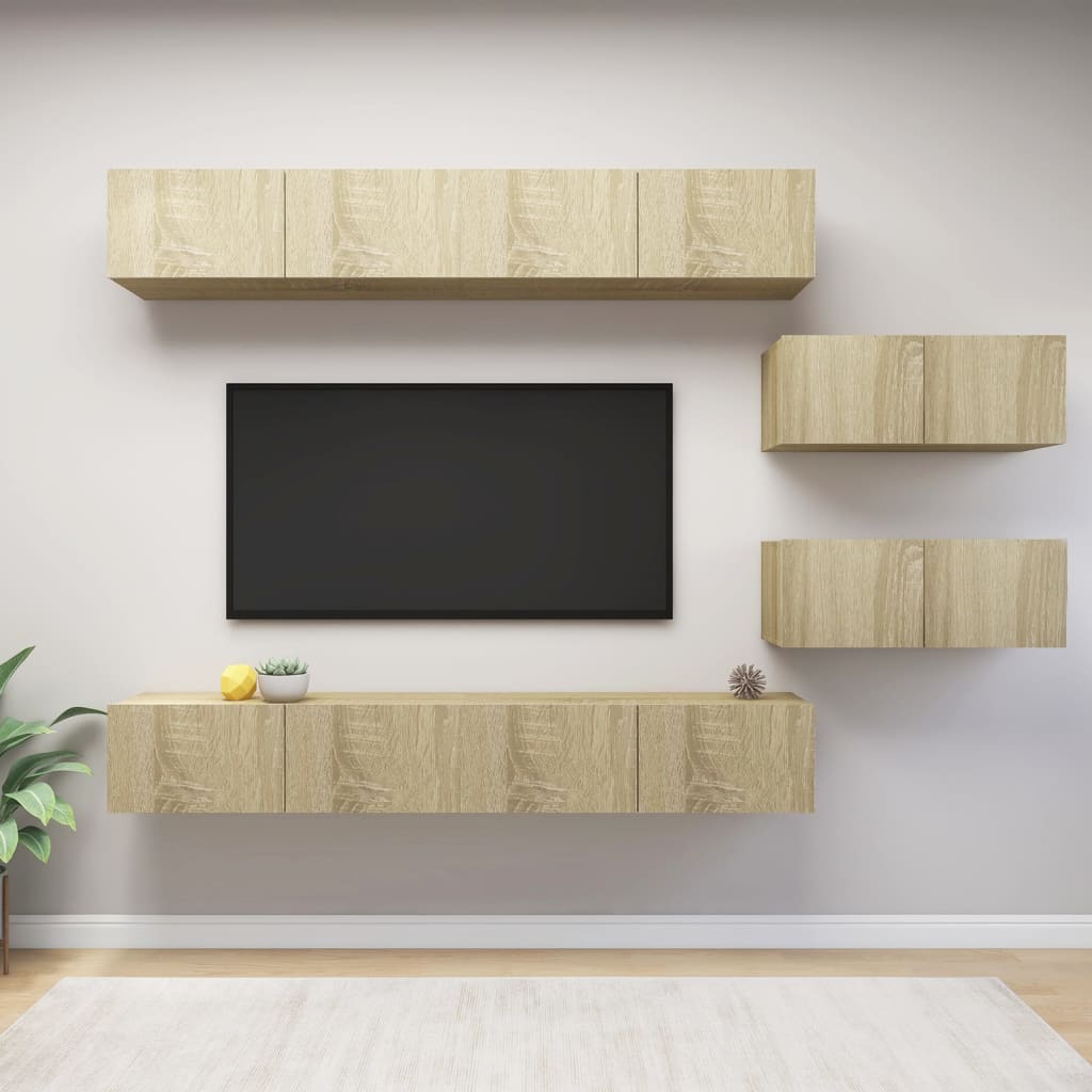 6 Pcs conjunto móveis de TV derivados madeira carvalho sonoma