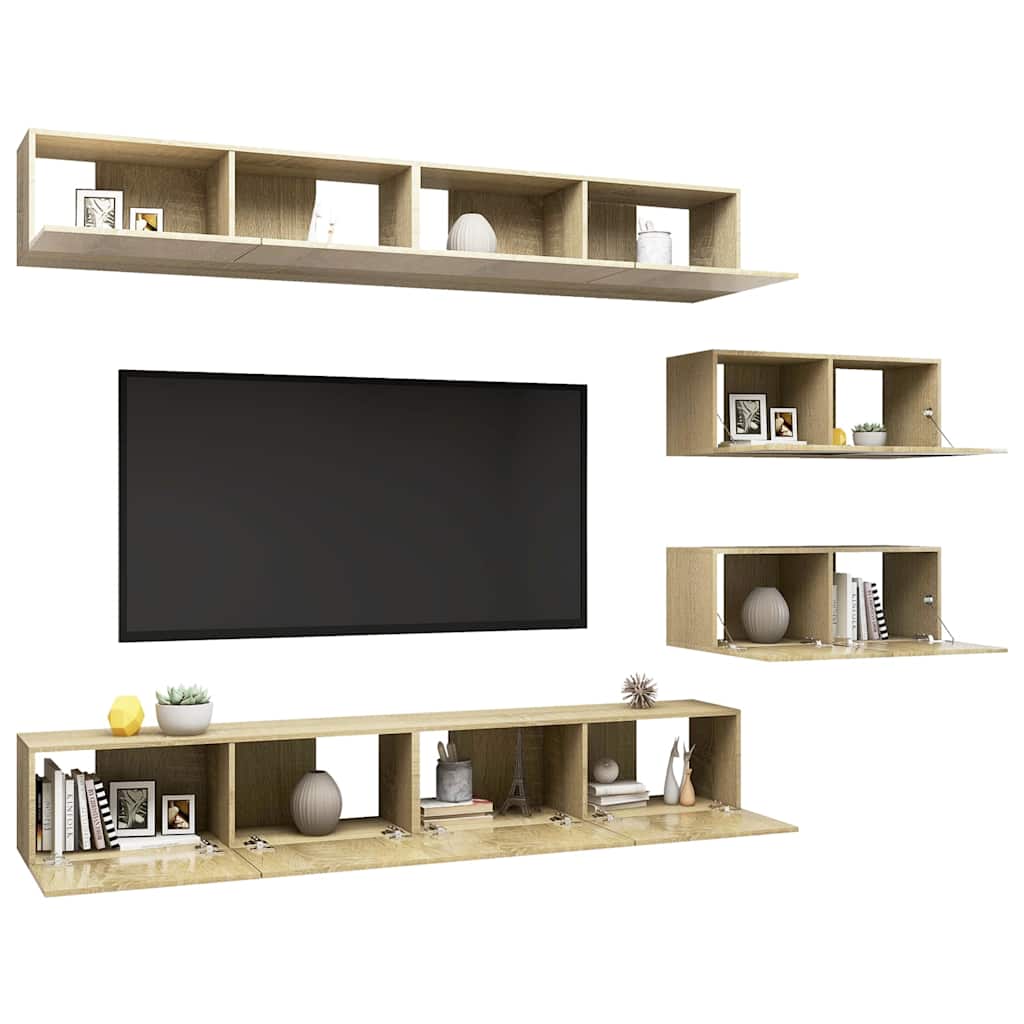 6 Pcs conjunto móveis de TV derivados madeira carvalho sonoma