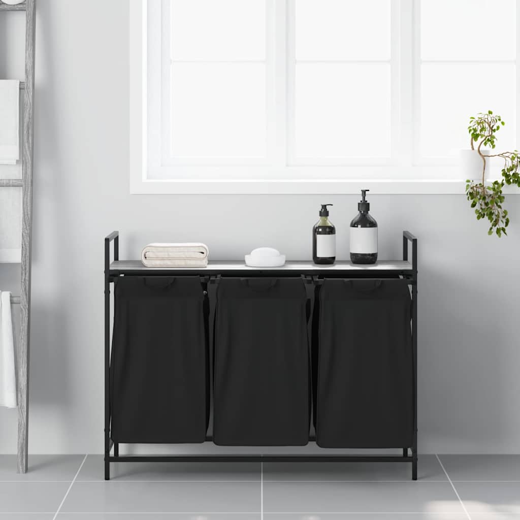 Cesto de roupa suja com 3 compartimentos e prateleira, cinza, modelo sonoma