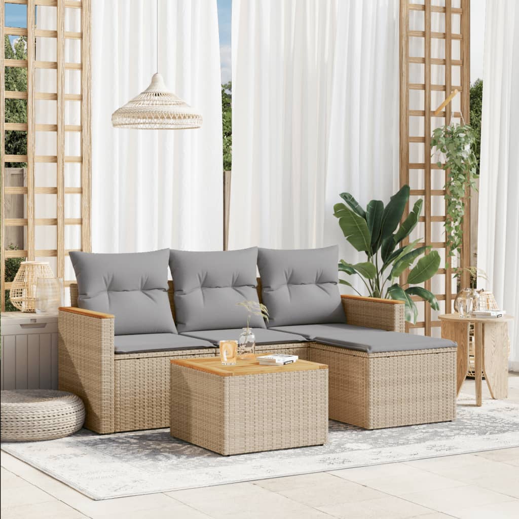 5 Pcs conj. sofás jardim c/ almofadões vime PE bege misturado