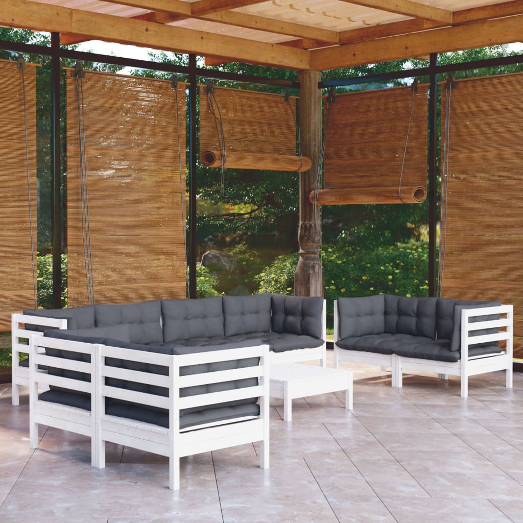 9 Pcs conjunto lounge de jardim c/ almofadões pinho maciço