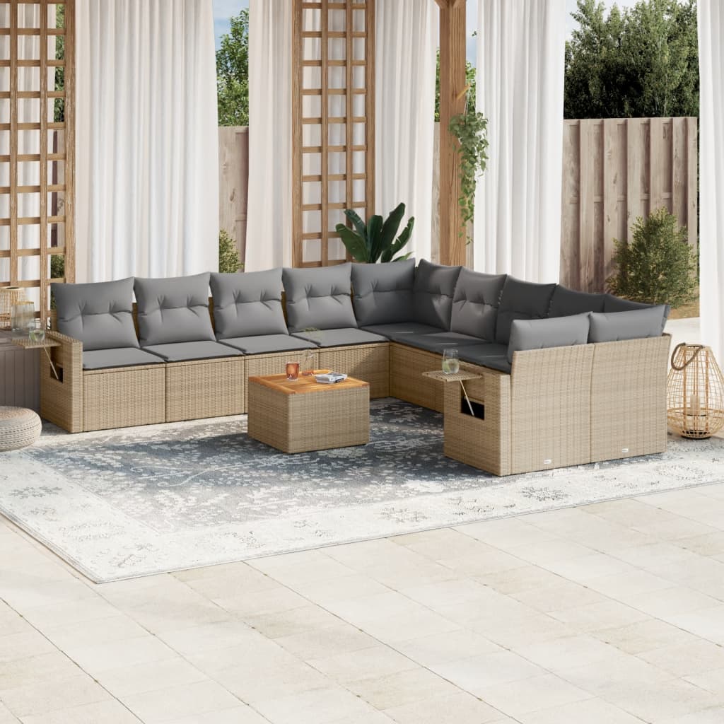 11 Pcs conjunto sofás de jardim c/ almofadões vime PE bege