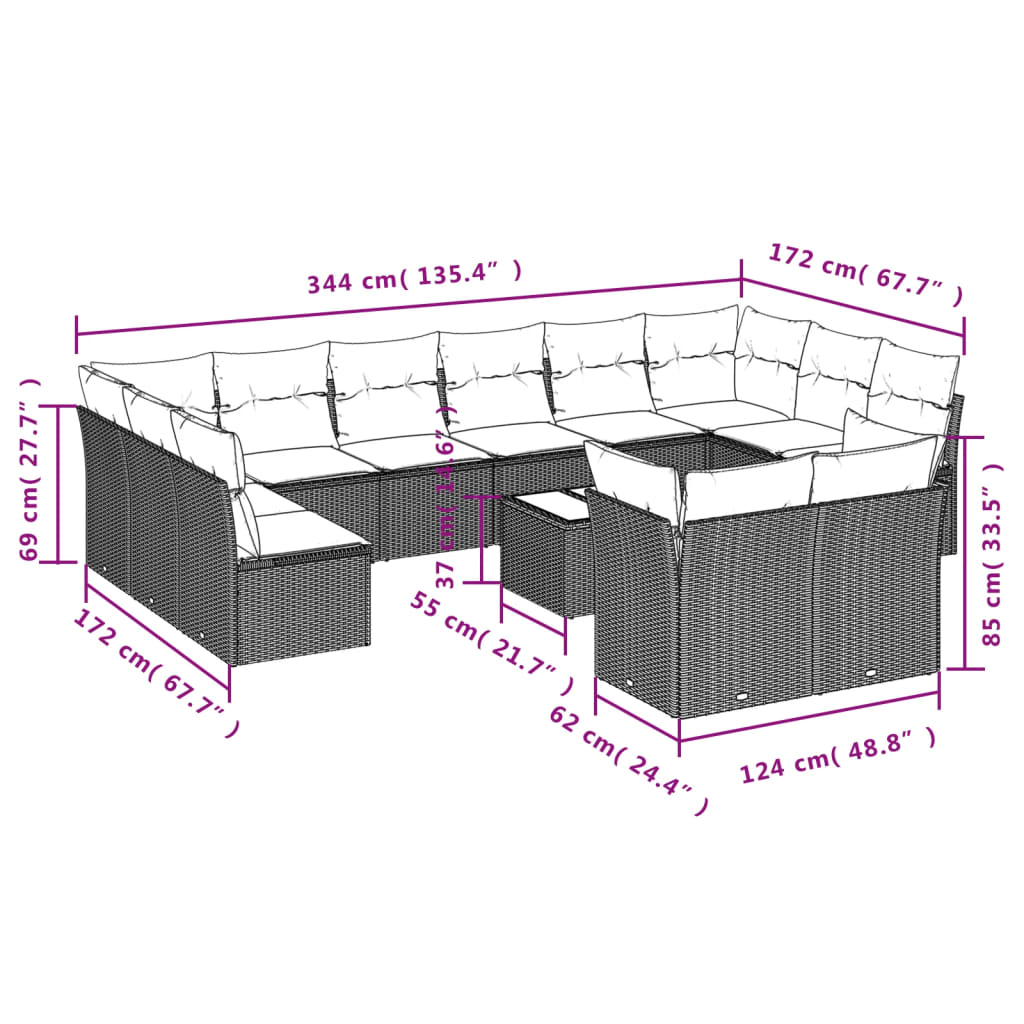 13 Pcs conjunto sofás p/ jardim c/ almofadões vime PE cinzento