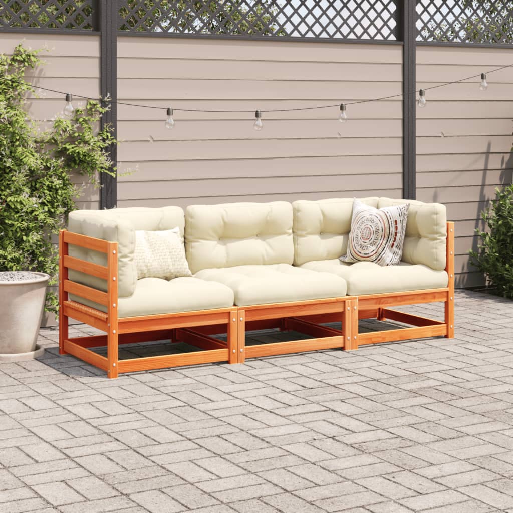 3 Pcs conj. sofás jardim almofadões pinho maciço castanho cera