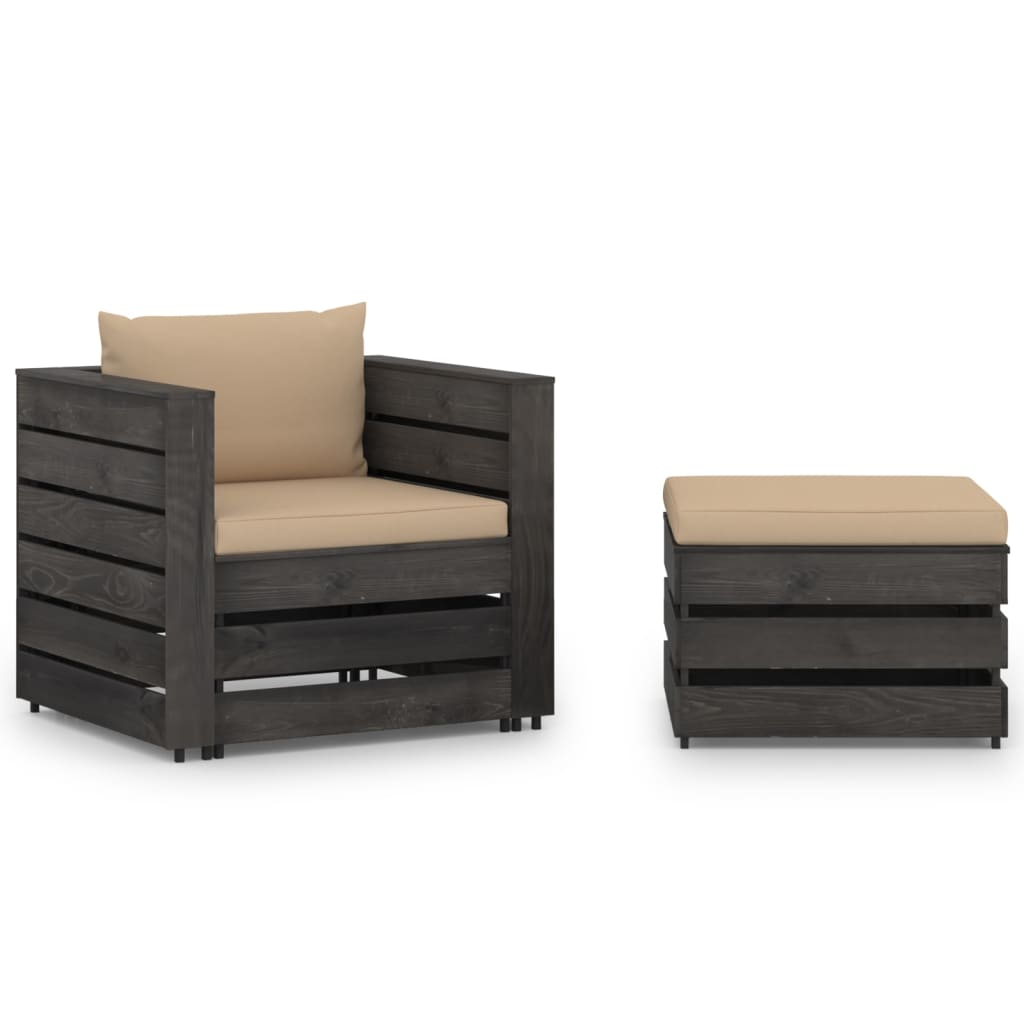 2 Pcs conj. lounge jardim + almofadões madeira impreg. cinzento