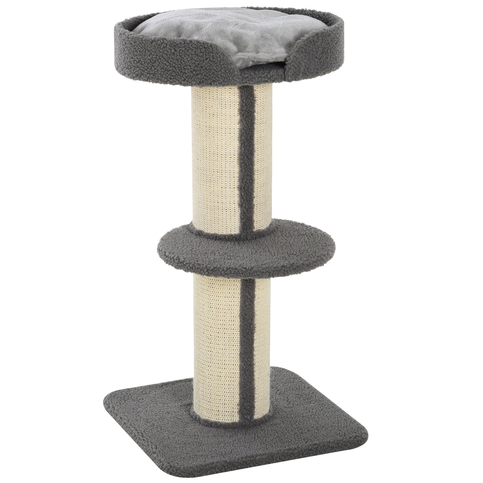 Arranhador para gatos altura 91 cm de 3 níveis com ninho plataforma e poste de sisal 45x45x91 cm cinza