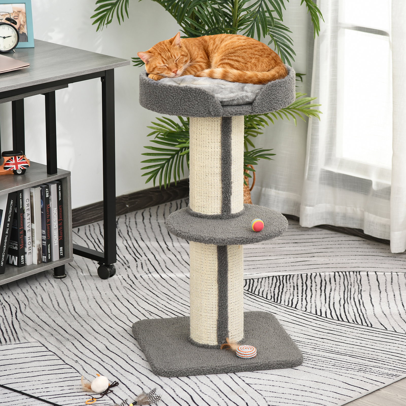 Arranhador para gatos altura 91 cm de 3 níveis com ninho plataforma e poste de sisal 45x45x91 cm cinza