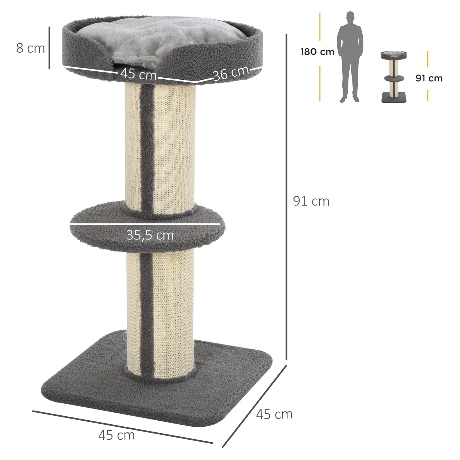 Arranhador para gatos altura 91 cm de 3 níveis com ninho plataforma e poste de sisal 45x45x91 cm cinza