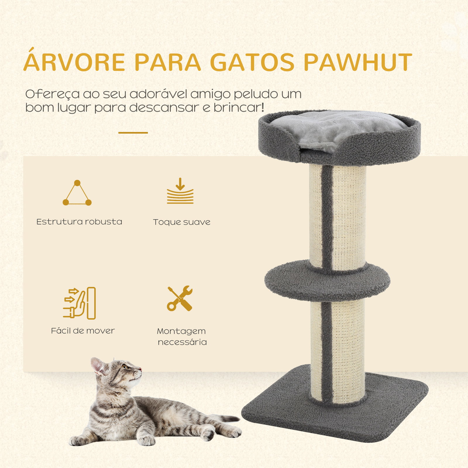 Arranhador para gatos altura 91 cm de 3 níveis com ninho plataforma e poste de sisal 45x45x91 cm cinza