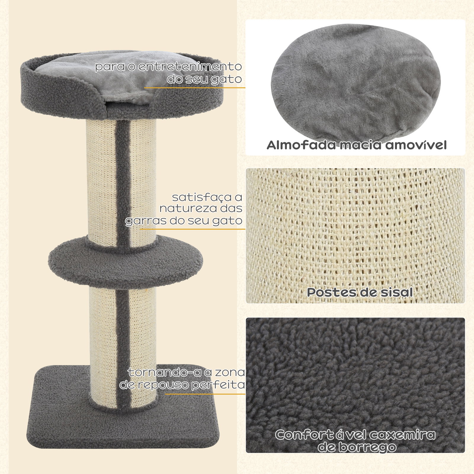 Arranhador para gatos altura 91 cm de 3 níveis com ninho plataforma e poste de sisal 45x45x91 cm cinza