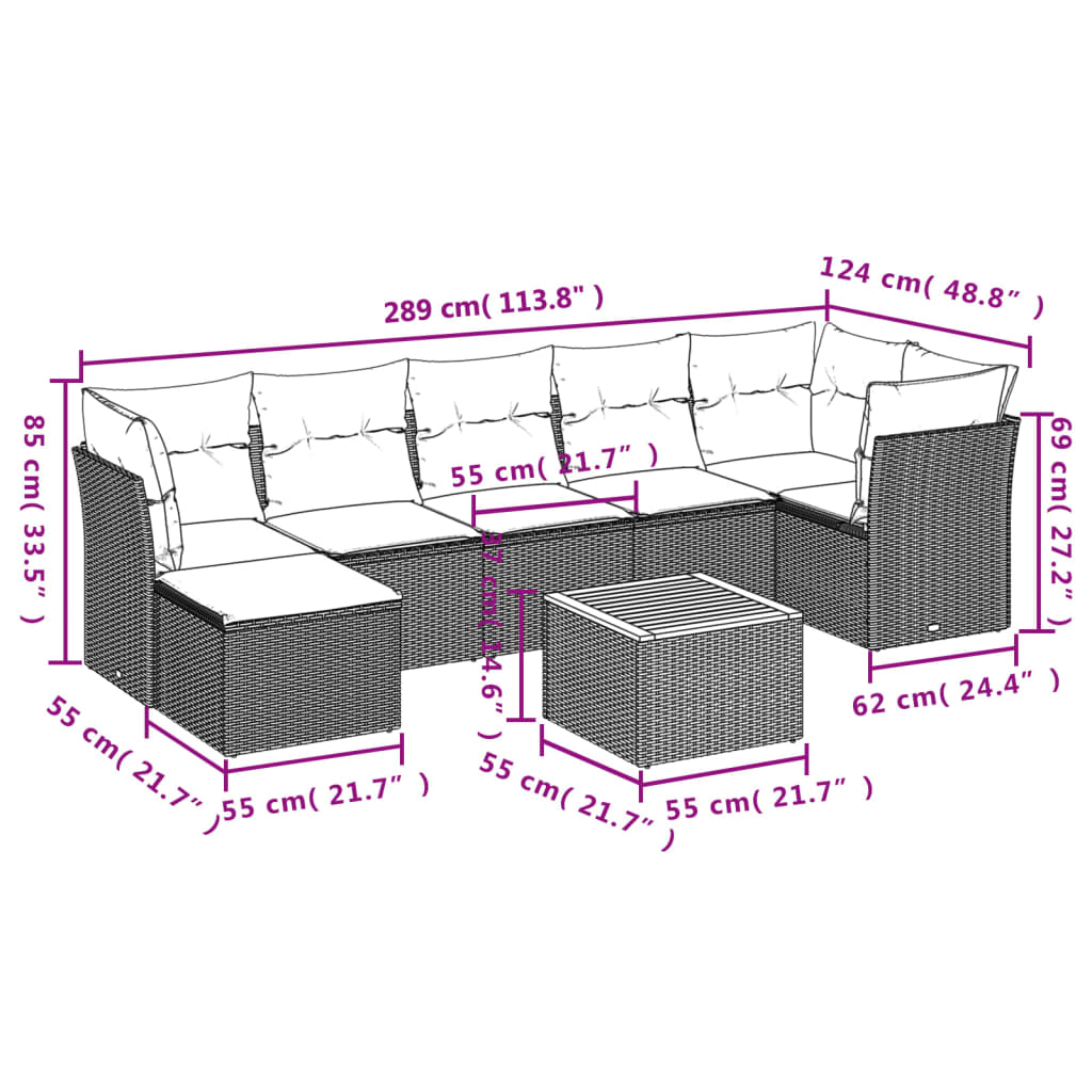 8 Pcs conjunto sofás de jardim com almofadões vime PE preto