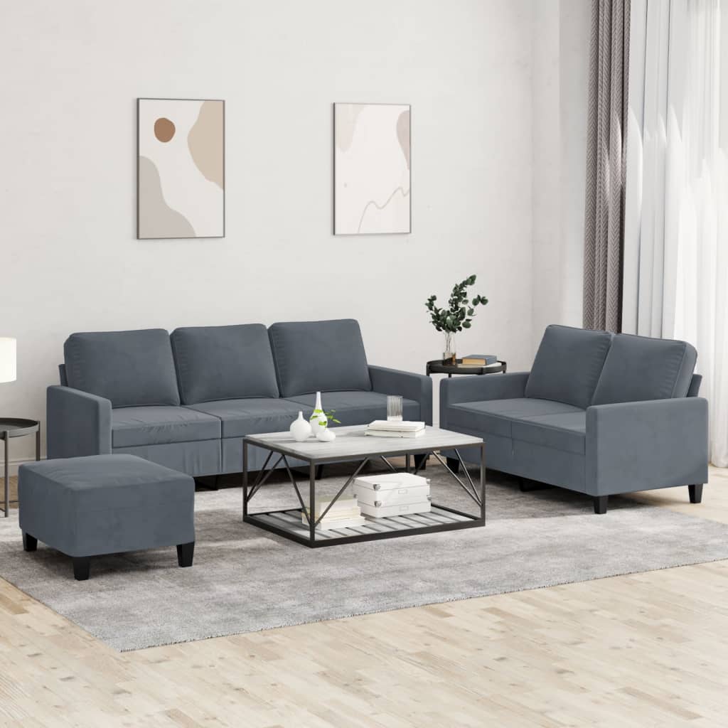 3 Pcs conjunto de sofás com almofadões veludo cinzento-escuro