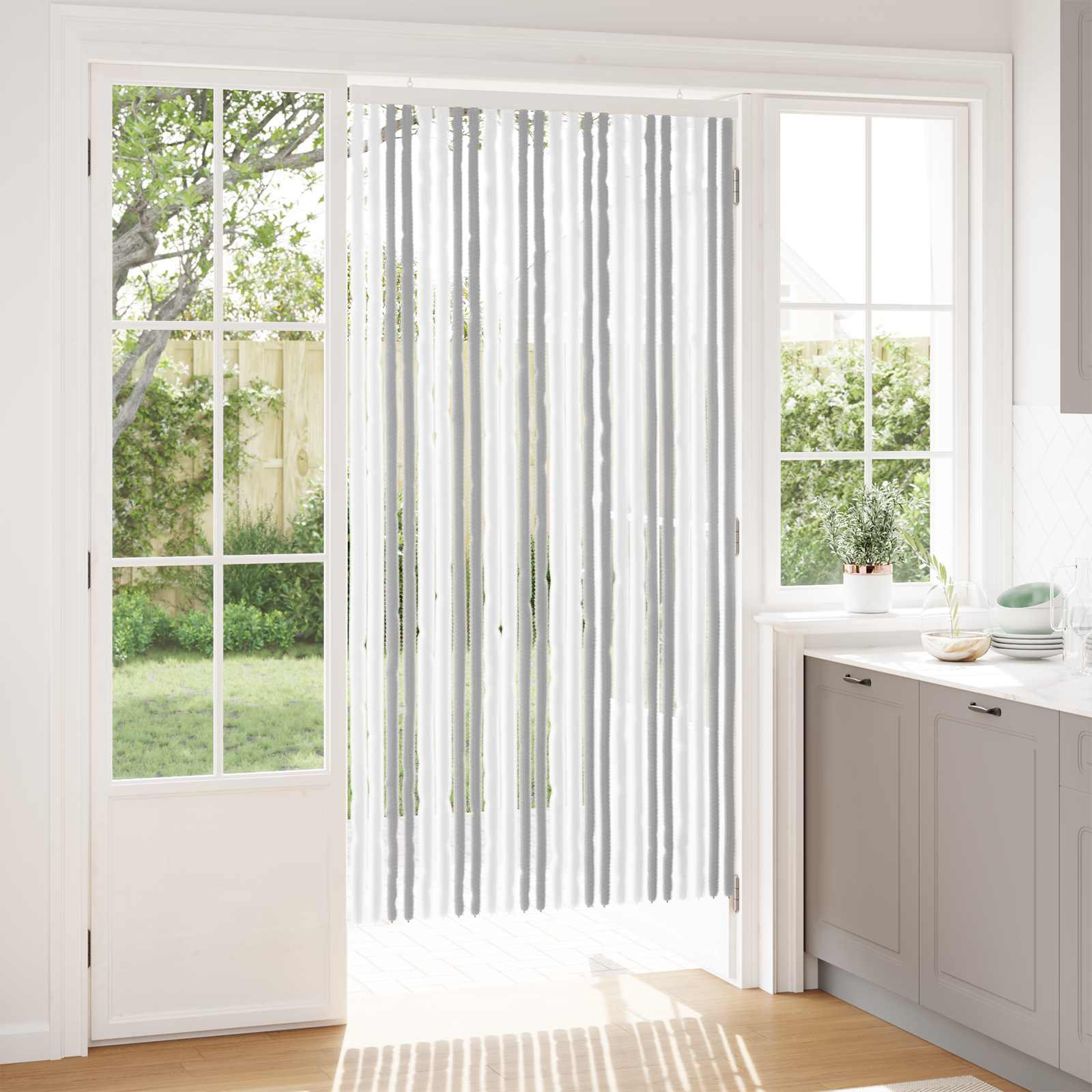 Cortina de insetos chenille cinza claro e branco 100 x 200 cm