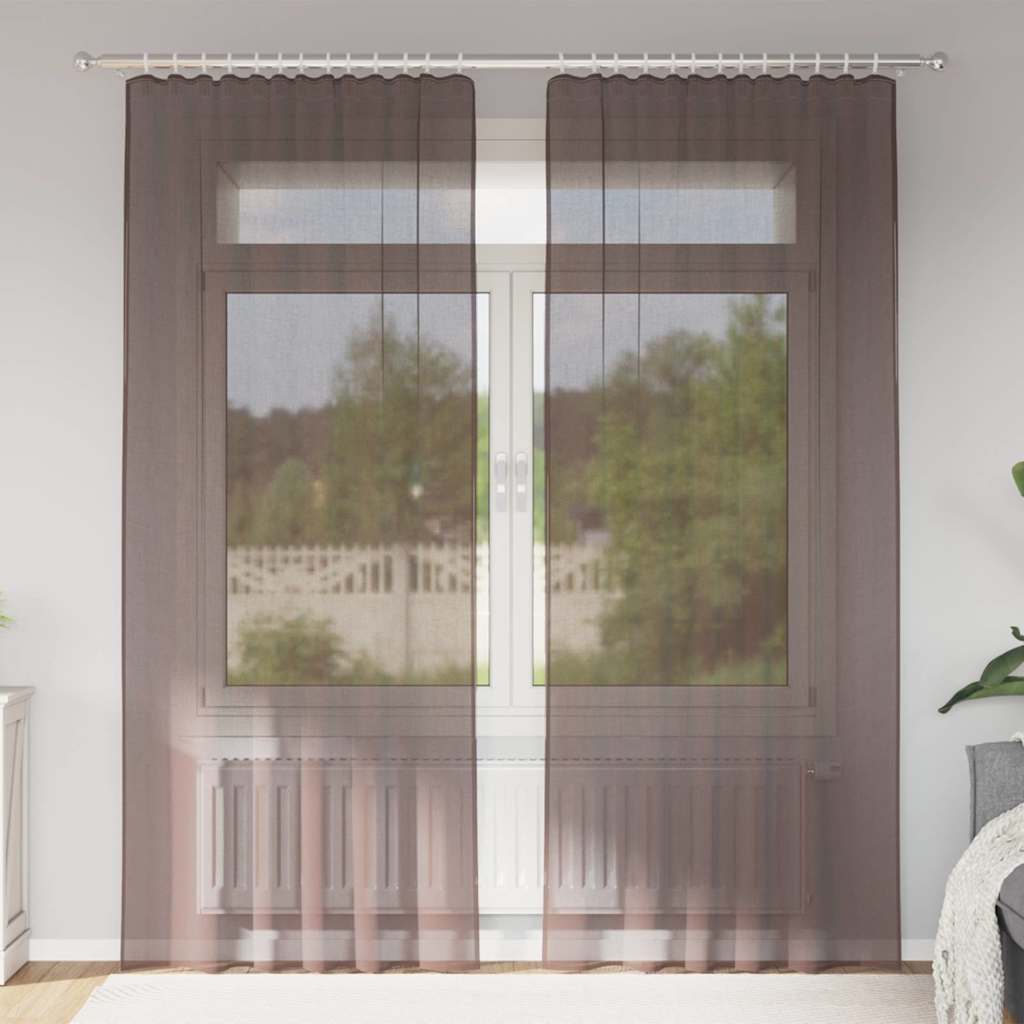 Cortinas de voile com bolsos para varão 2 pcs castanho