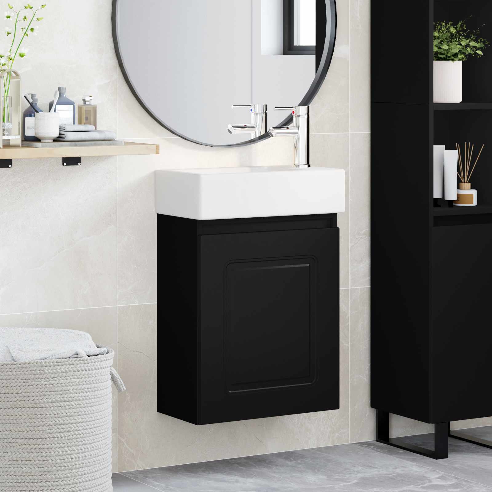 Conjunto de móveis de banheiro com torneira preto