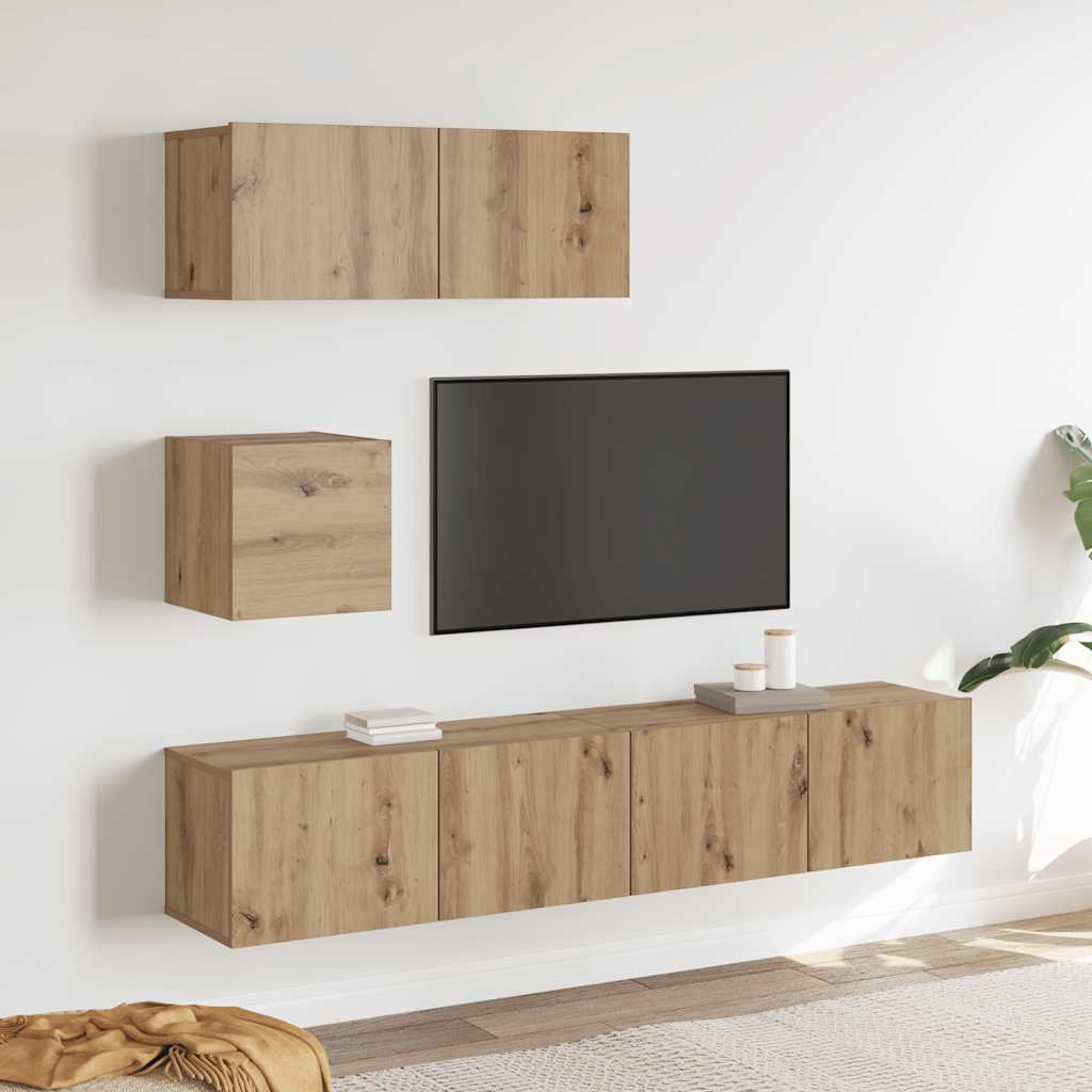 Conjunto de armário TV parede 4 pcs madeira carvalho artisiano
