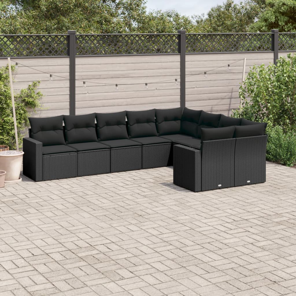 9 Pcs conjunto de sofás p/ jardim c/ almofadões vime PE preto
