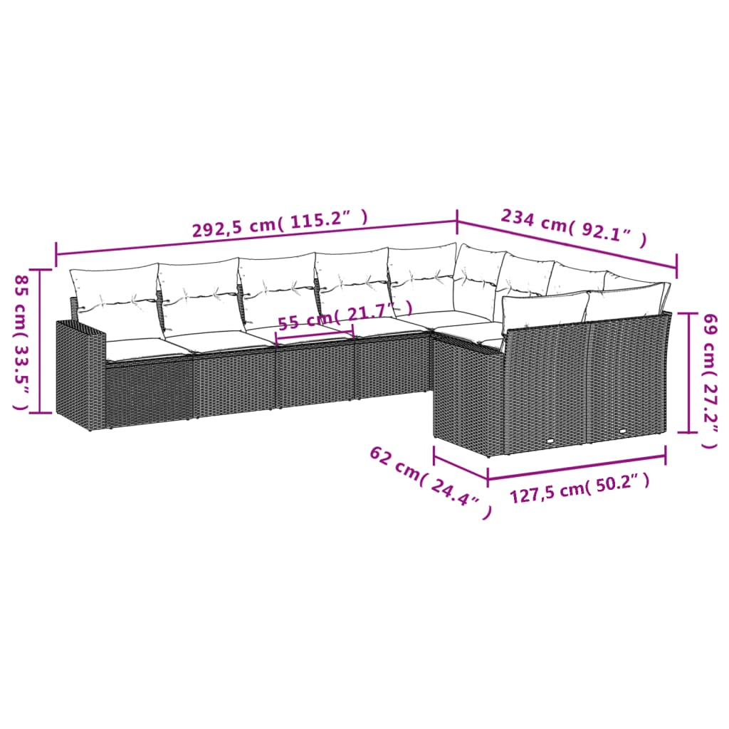 9 Pcs conjunto de sofás p/ jardim c/ almofadões vime PE preto