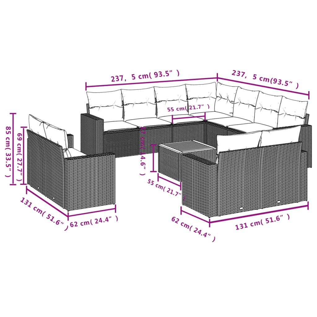 12 Pcs conjunto de sofás p/ jardim com almofadões vime PE bege