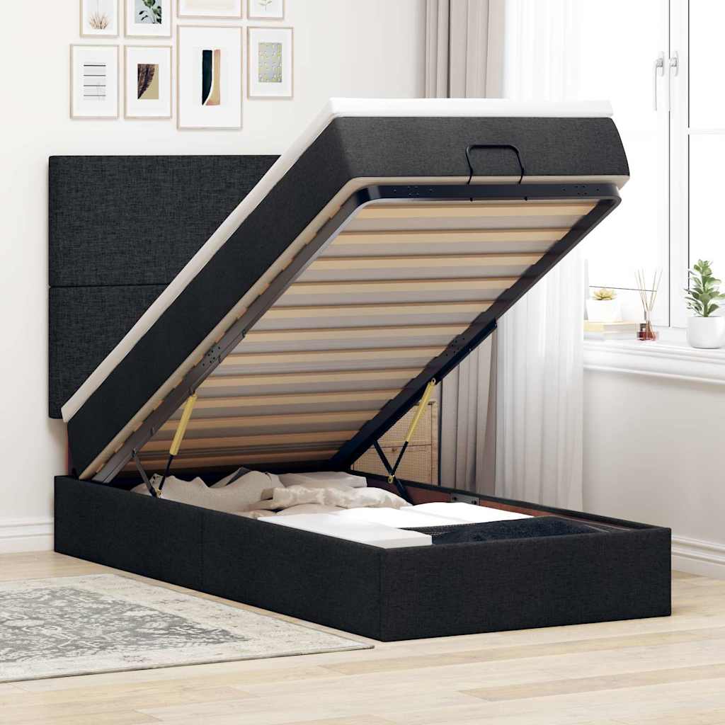 Estrutura de cama otomana com colchão 100x200cm tecido preto