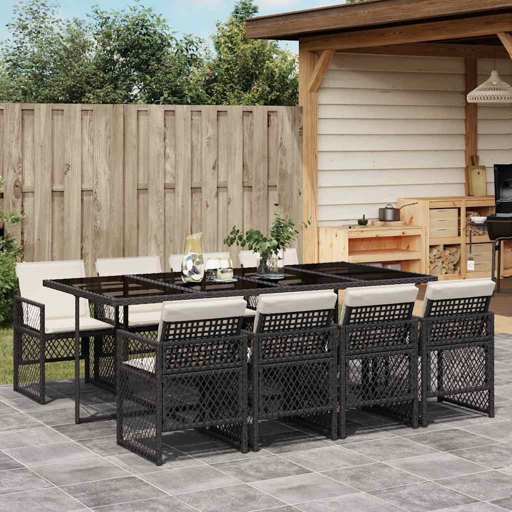 9 Pcs conjunto de jantar p/ jardim c/ almofadões vime PE preto