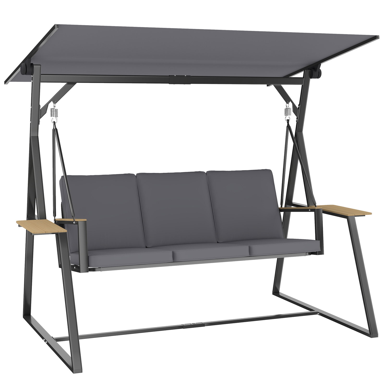 Baloiço de jardim de 3 lugares com teto ajustável upf50+ 2 bandejas almofadas e estrutura em metal 222x131x175 cm cinza