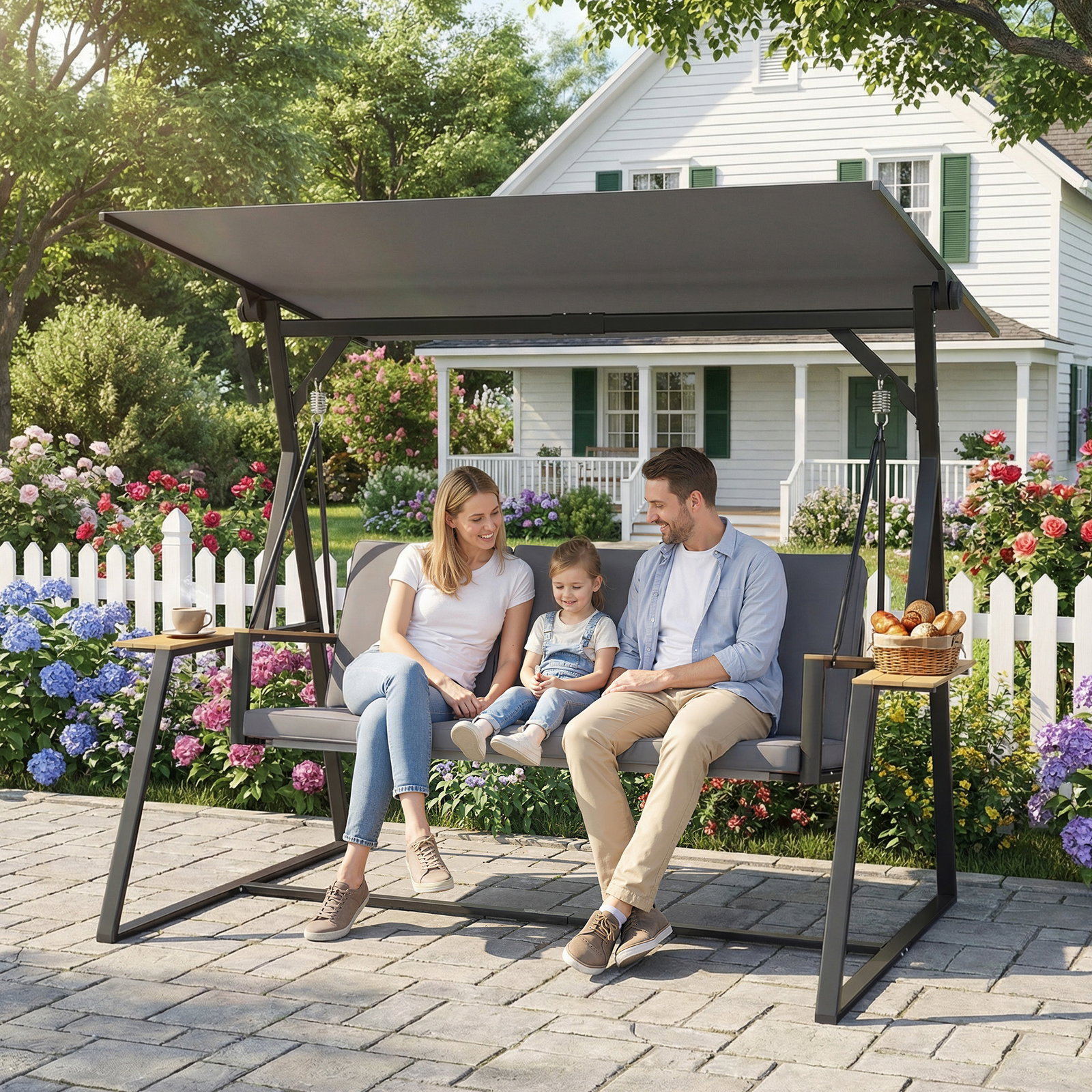 Baloiço de jardim de 3 lugares com teto ajustável upf50+ 2 bandejas almofadas e estrutura em metal 222x131x175 cm cinza