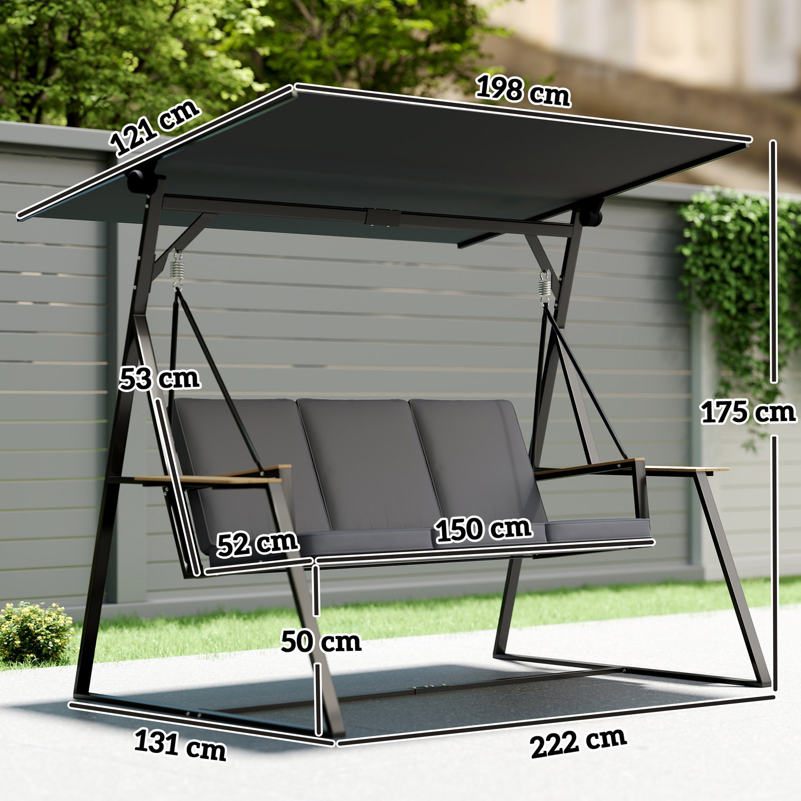 Baloiço de jardim de 3 lugares com teto ajustável upf50+ 2 bandejas almofadas e estrutura em metal 222x131x175 cm cinza